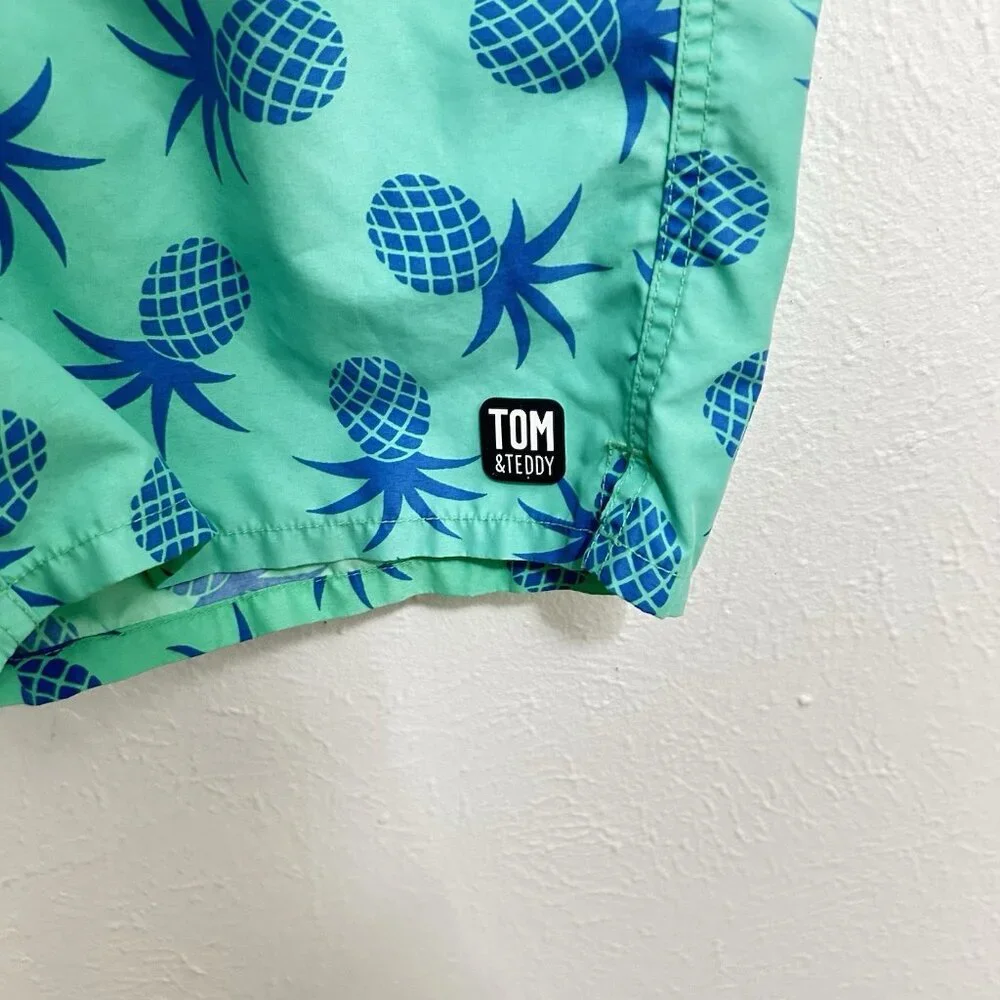 Tom Teddy Swim Trunks Green Blue Pineapple Print Liner Pockets‎ Stretch Summer M